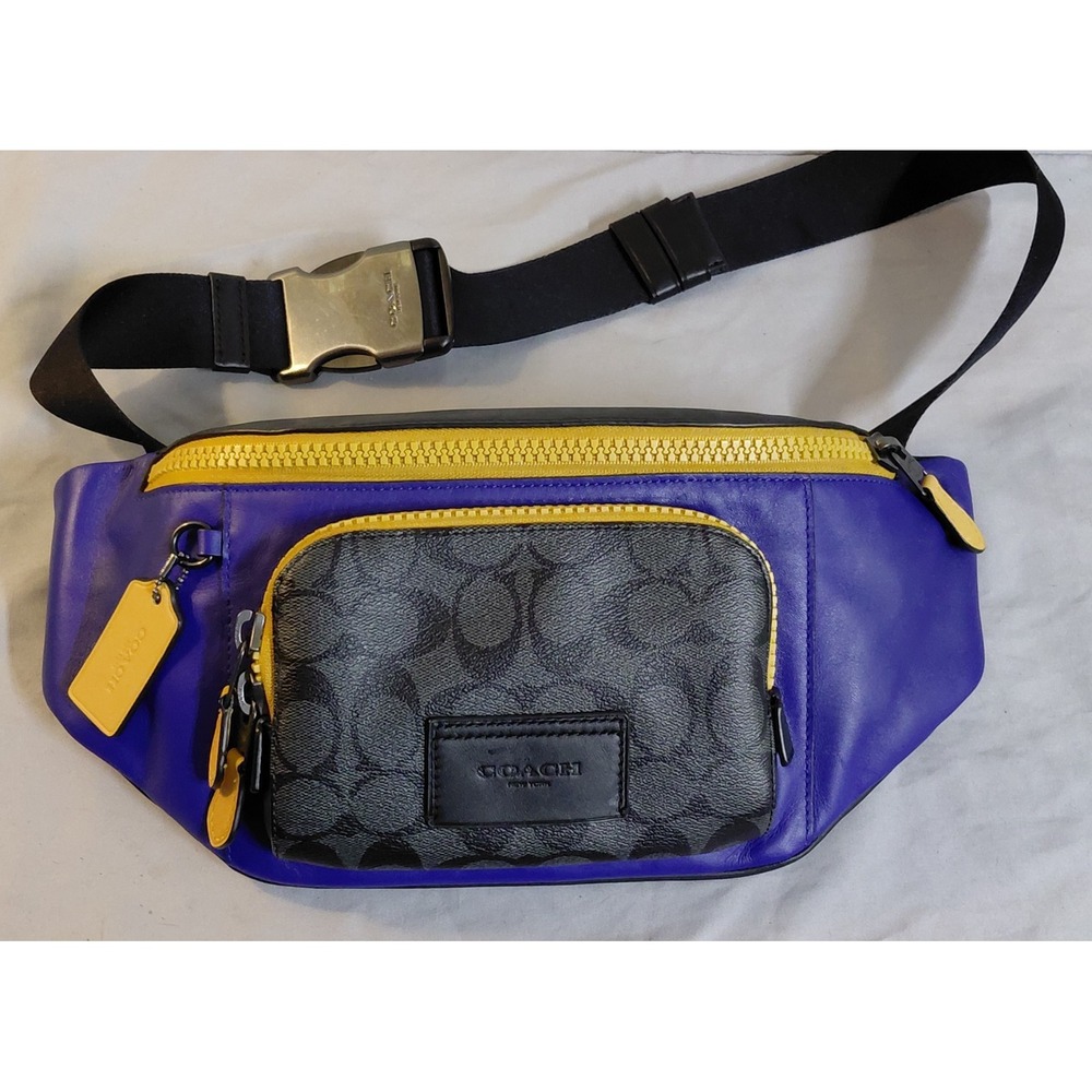 Coach Track Belt Bag Signature Canvas Royal Blue Yellow Crossbody Authentic
